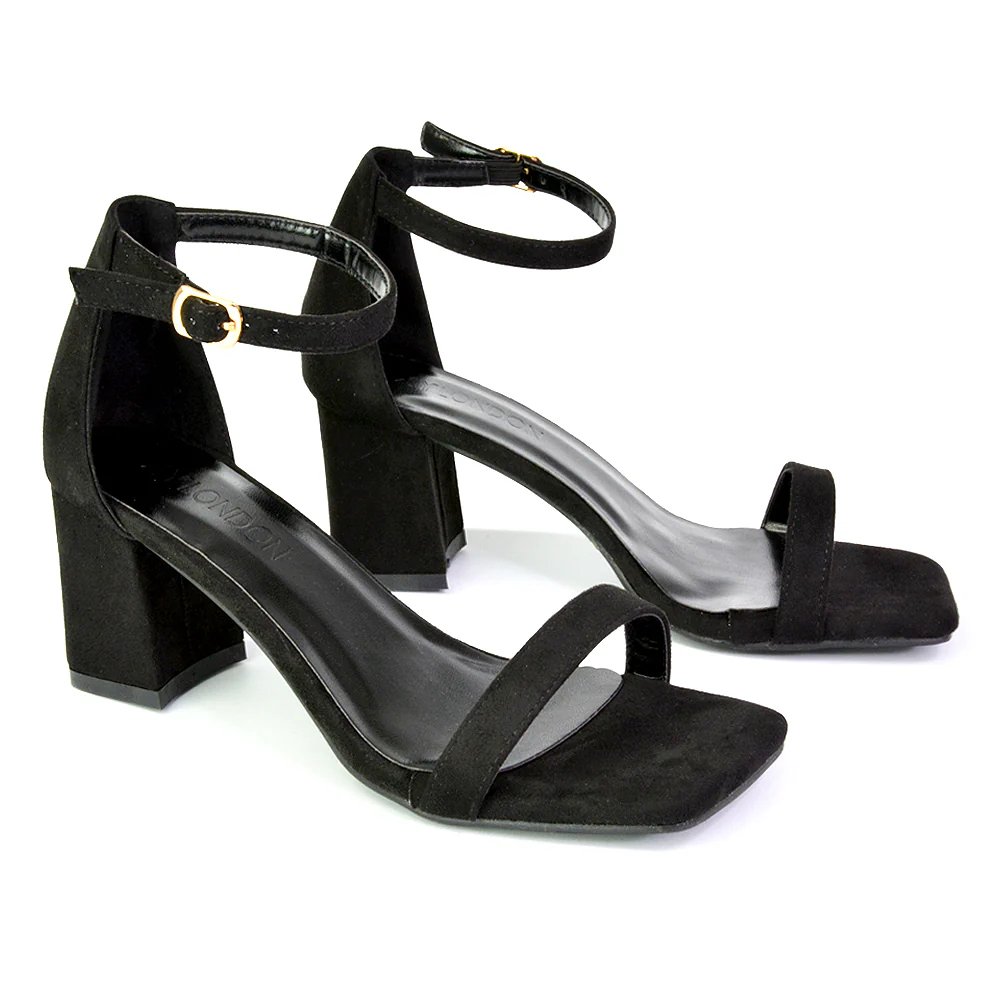 Antigoni Basic Strappy Low Mid Block Heel Square Toe Sandals in Silver - Image 201