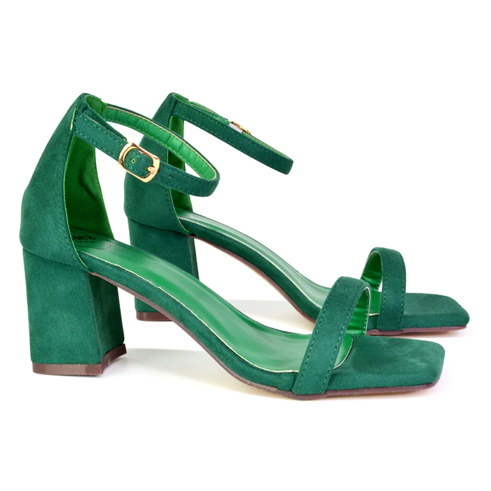 Antigoni Basic Strappy Low Mid Block Heel Square Toe Sandals in Silver - Image 34