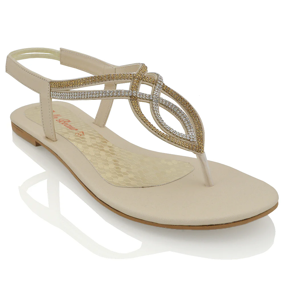 Arabella Diamante Detail Sling Back Strappy Low Heel Toe Post Flat Sandals for Women in Nude - Image 6