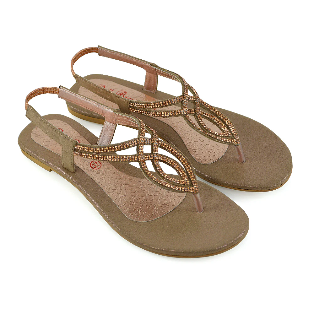 Arabella Diamante Detail Sling Back Strappy Low Heel Toe Post Flat Sandals for Women in Rose Gold - Image 4