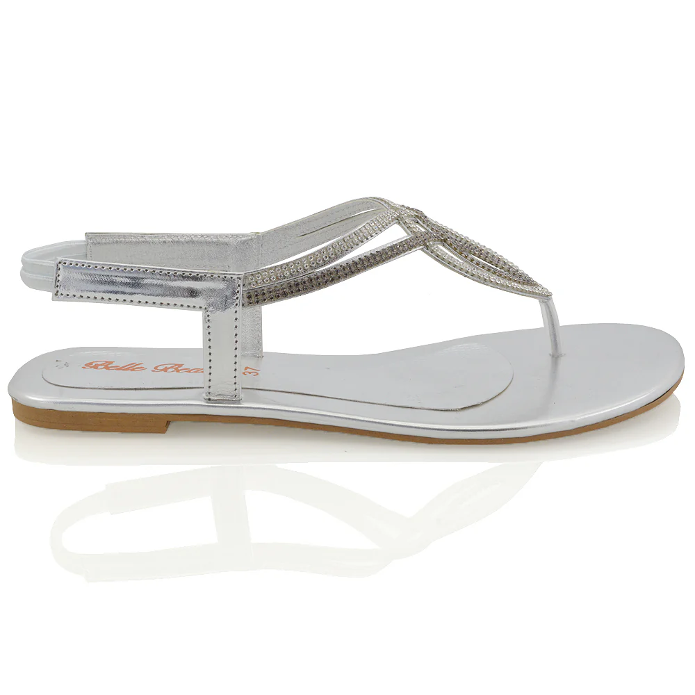 Arabella Diamante Detail Sling Back Strappy Low Heel Toe Post Flat Sandals for Women in Silver - Image 2