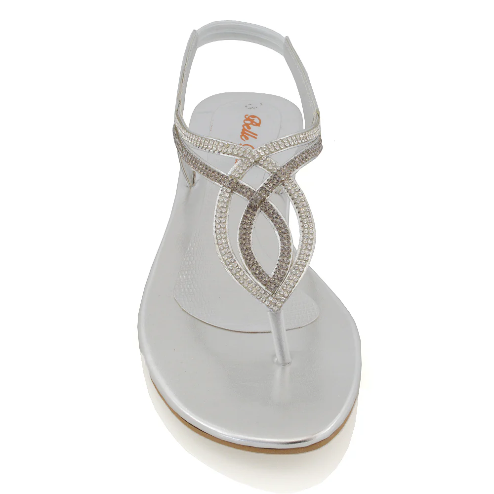 Arabella Diamante Detail Sling Back Strappy Low Heel Toe Post Flat Sandals for Women in Silver - Image 3