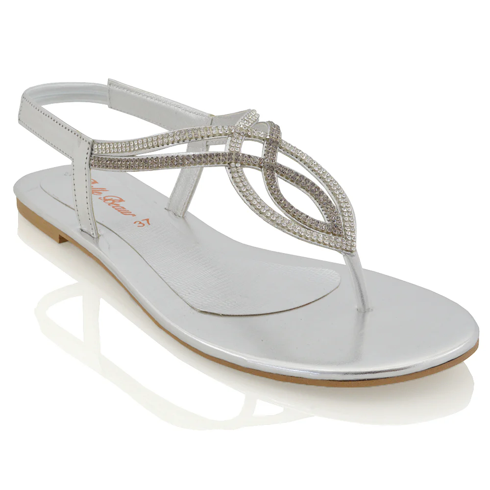 Arabella Diamante Detail Sling Back Strappy Low Heel Toe Post Flat Sandals for Women in Silver - Image 5