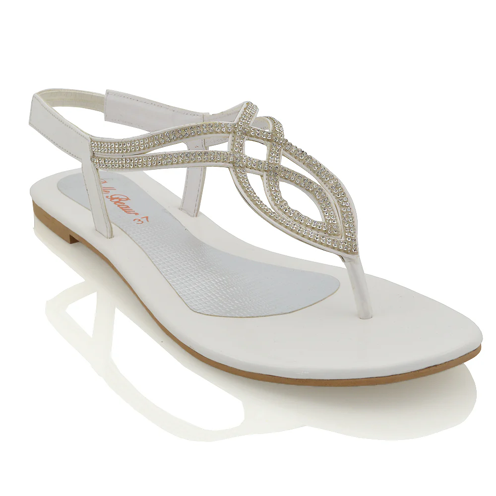 Arabella Diamante Detail Sling Back Strappy Low Heel Toe Post Flat Sandals for Women in White - Image 8