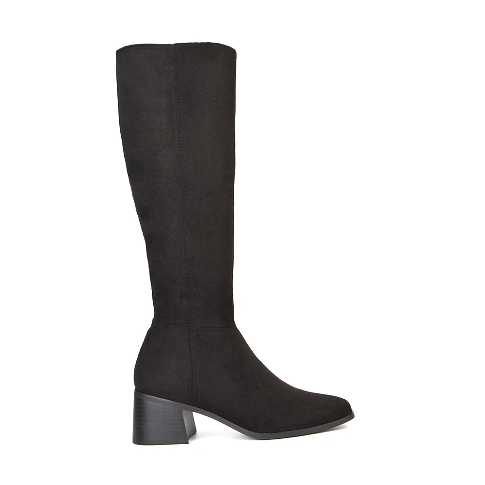 Ari Square Toe Knee High Low Block Heeled Winter Boots in Black Synthetic Leather - Image 12