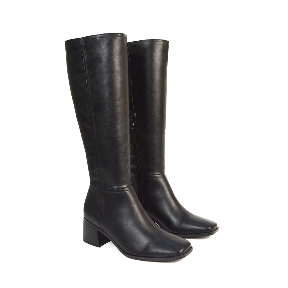 Ari Square Toe Knee High Low Block Heeled Winter Boots in Black Synthetic Leather - Image 4