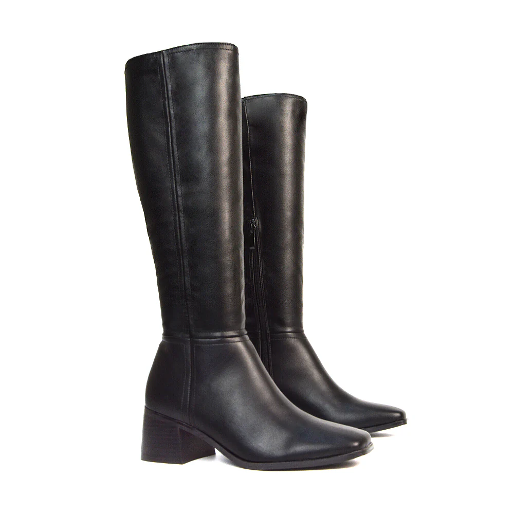 Ari Square Toe Knee High Low Block Heeled Winter Boots in Black Synthetic Leather - Image 5