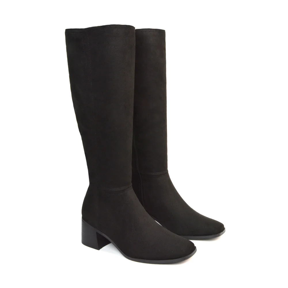 Ari Square Toe Knee High Low Block Heeled Winter Boots in Black Synthetic Leather - Image 7