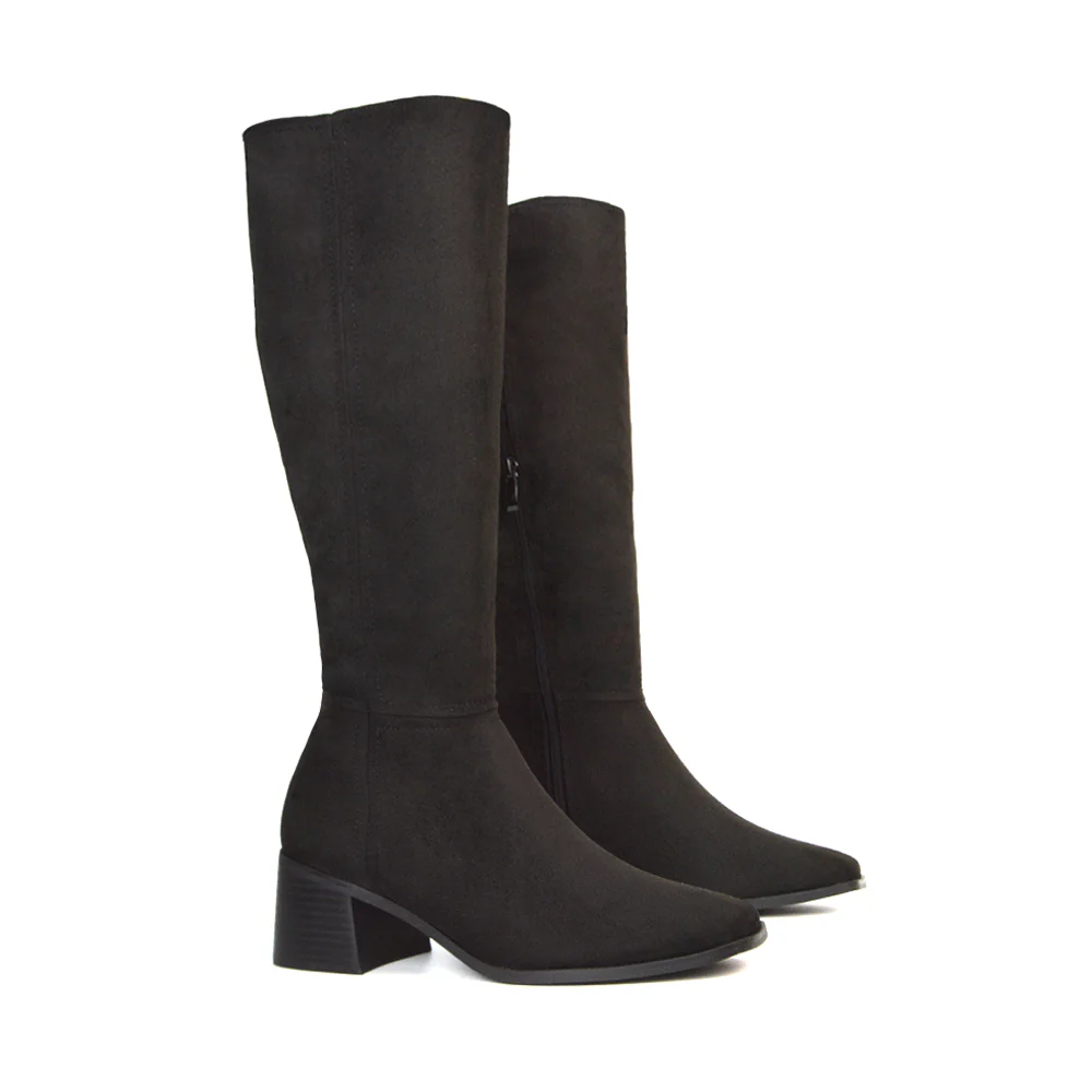 Ari Square Toe Knee High Low Block Heeled Winter Boots in Black Synthetic Leather - Image 8