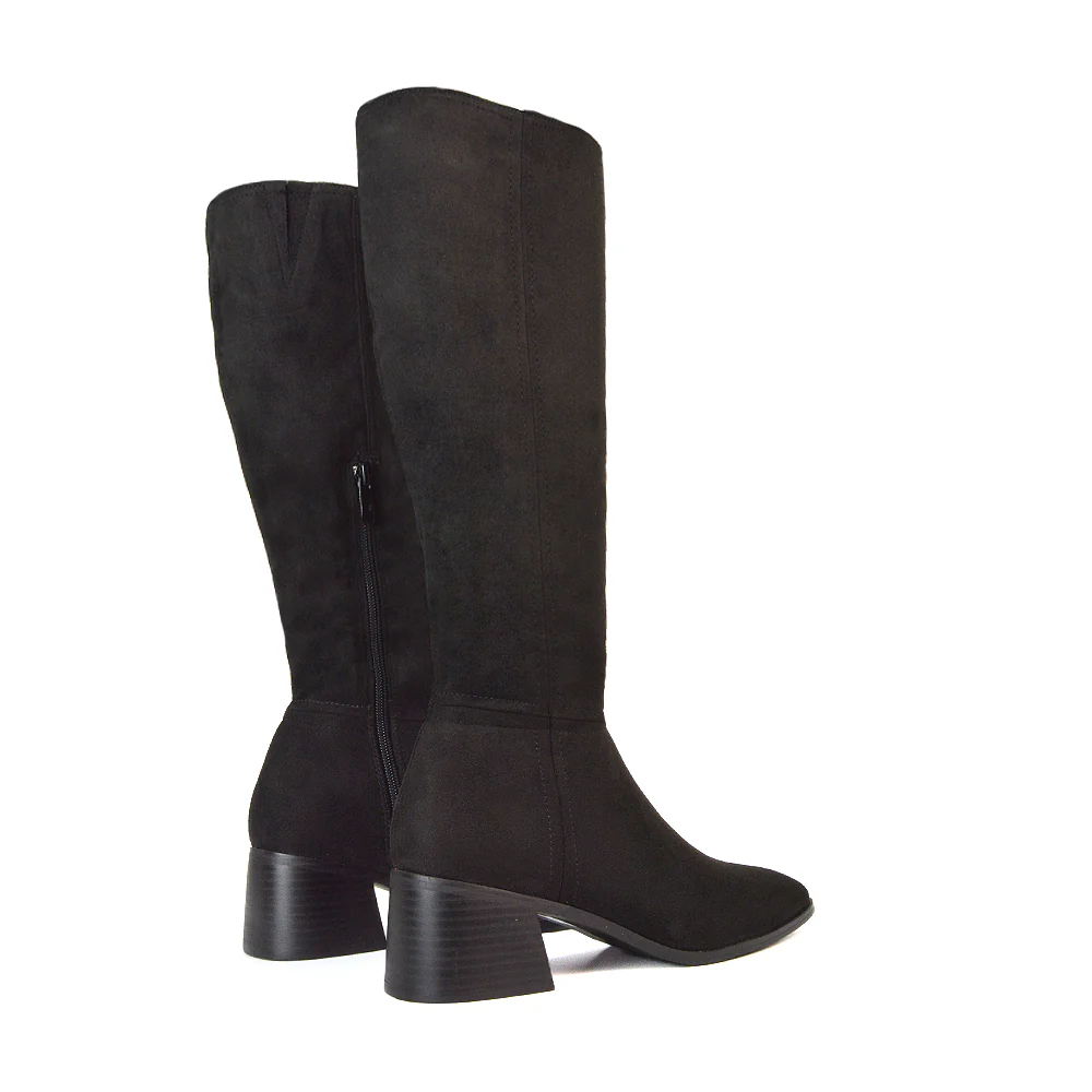 Ari Square Toe Knee High Low Block Heeled Winter Boots in Black Synthetic Leather - Image 9