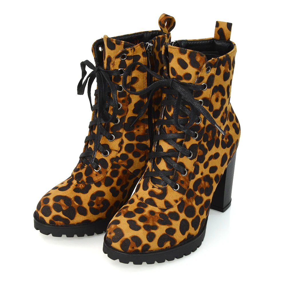 Ariel Chunky Lace up Block High Heel Zip-up Biker Ankle Boots in Black Faux Suede - Image 102