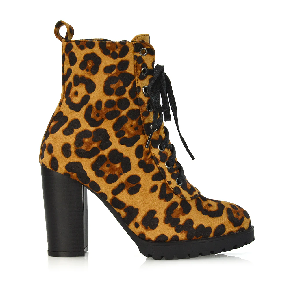 Ariel Chunky Lace up Block High Heel Zip-up Biker Ankle Boots in Black Faux Suede - Image 109