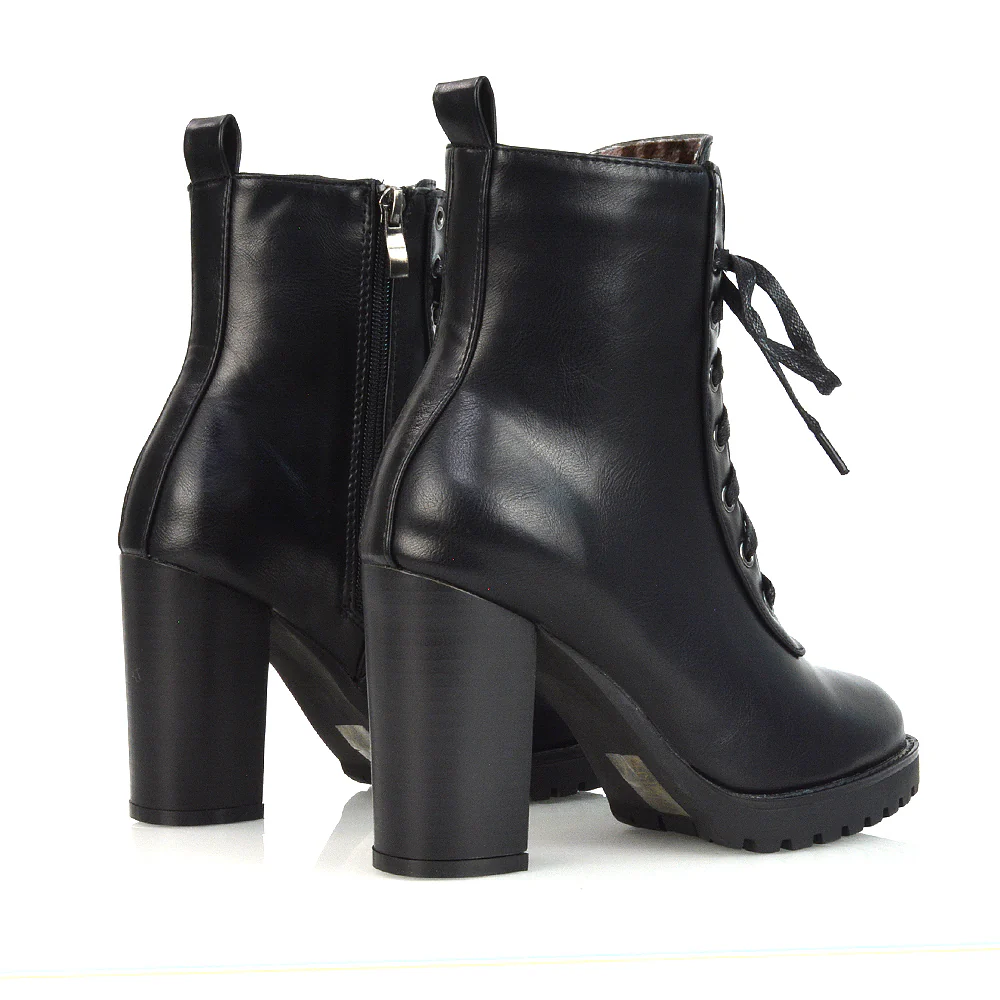 Ariel Chunky Lace up Block High Heel Zip-up Biker Ankle Boots in Black Faux Suede - Image 11