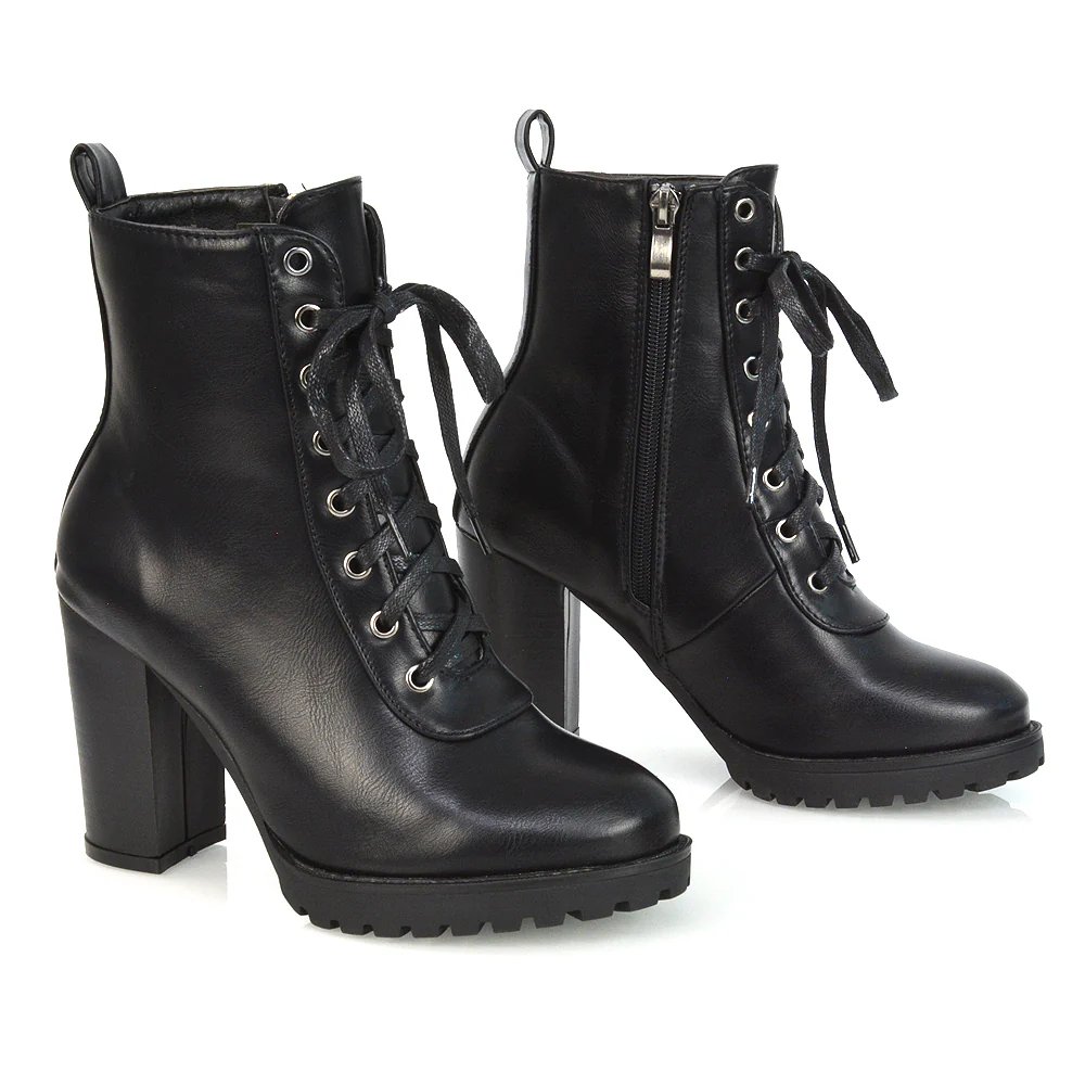 Ariel Chunky Lace up Block High Heel Zip-up Biker Ankle Boots in Black Faux Suede - Image 12