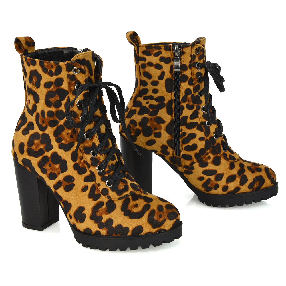 Ariel Chunky Lace up Block High Heel Zip-up Biker Ankle Boots in Black Faux Suede - Image 120