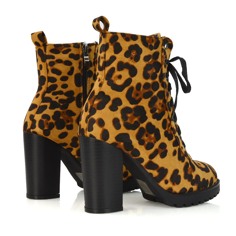Ariel Chunky Lace up Block High Heel Zip-up Biker Ankle Boots in Black Faux Suede - Image 126