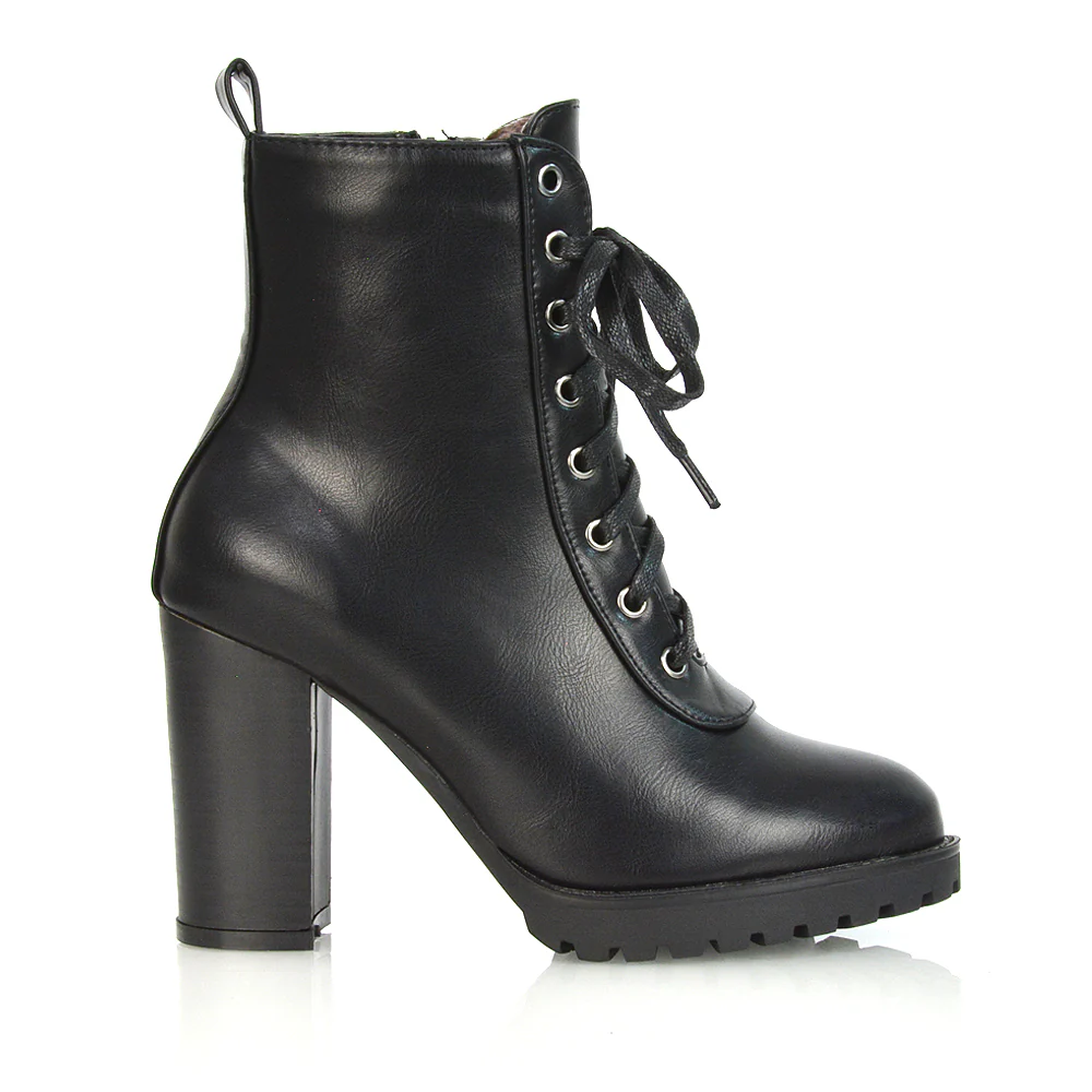 Ariel Chunky Lace up Block High Heel Zip-up Biker Ankle Boots in Black Faux Suede - Image 14