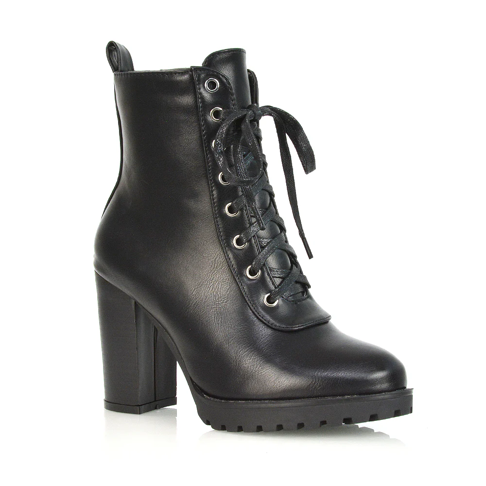 Ariel Chunky Lace up Block High Heel Zip-up Biker Ankle Boots in Black Faux Suede - Image 23