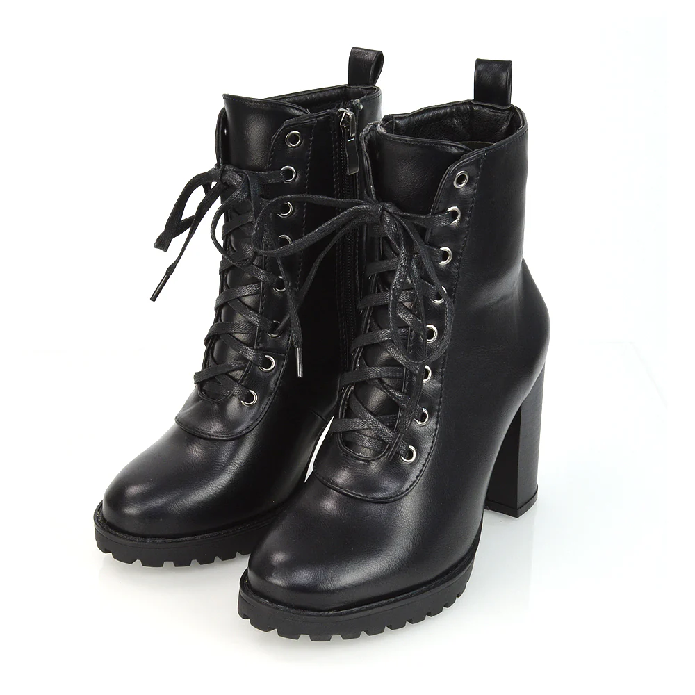 Ariel Chunky Lace up Block High Heel Zip-up Biker Ankle Boots in Black Faux Suede - Image 30