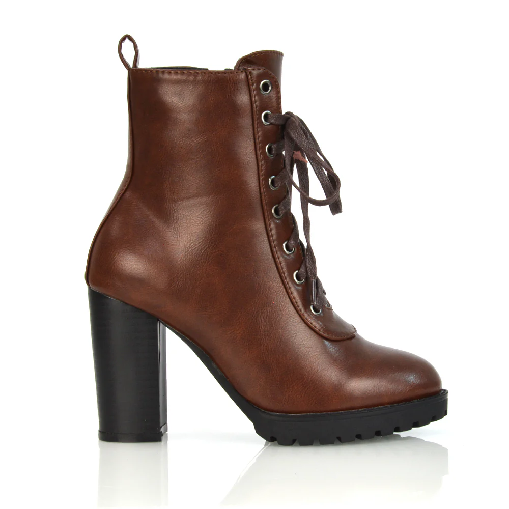 Ariel Chunky Lace up Block High Heel Zip-up Biker Ankle Boots in Black Faux Suede - Image 44