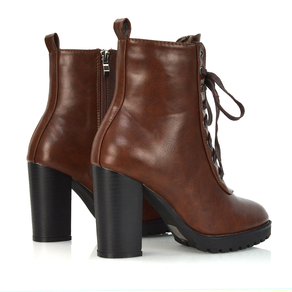 Ariel Chunky Lace up Block High Heel Zip-up Biker Ankle Boots in Black Faux Suede - Image 61