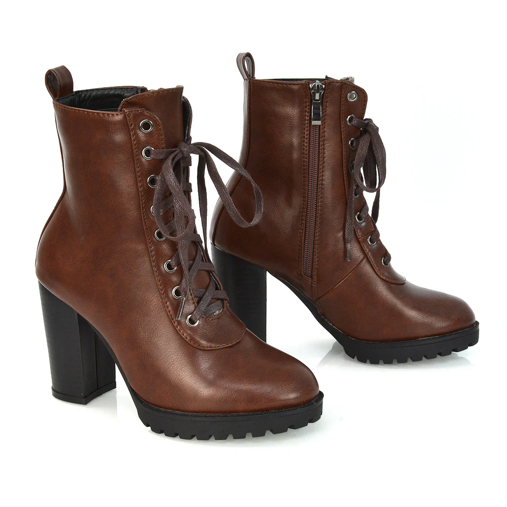 Ariel Chunky Lace up Block High Heel Zip-up Biker Ankle Boots in Black Faux Suede - Image 62