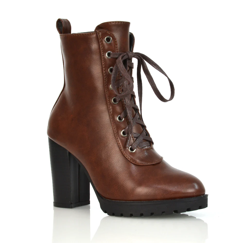 Ariel Chunky Lace up Block High Heel Zip-up Biker Ankle Boots in Black Faux Suede - Image 63