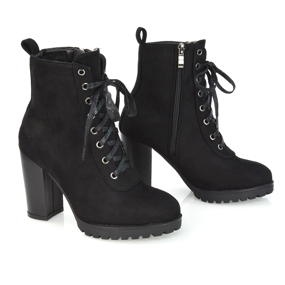 Ariel Chunky Lace up Block High Heel Zip-up Biker Ankle Boots in Black Faux Suede - Image 72