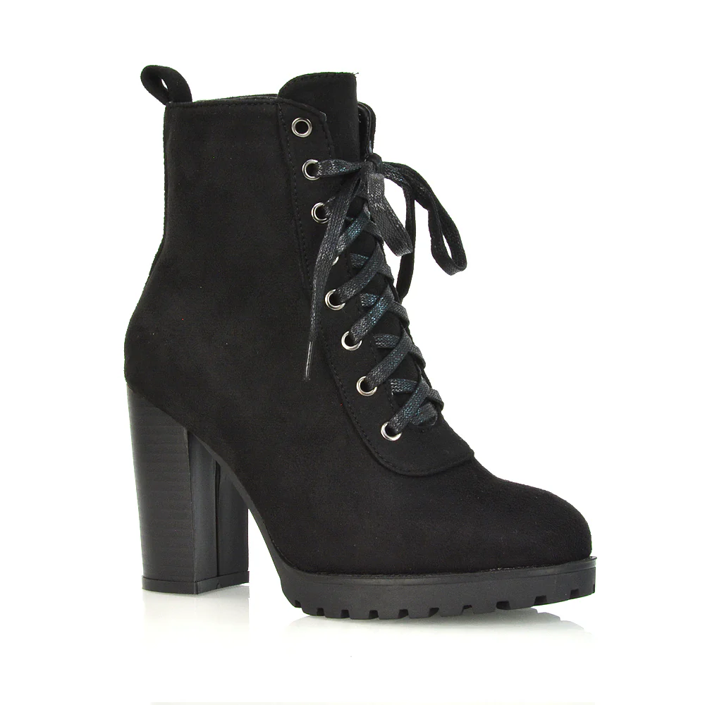 Ariel Chunky Lace up Block High Heel Zip-up Biker Ankle Boots in Black Faux Suede - Image 78