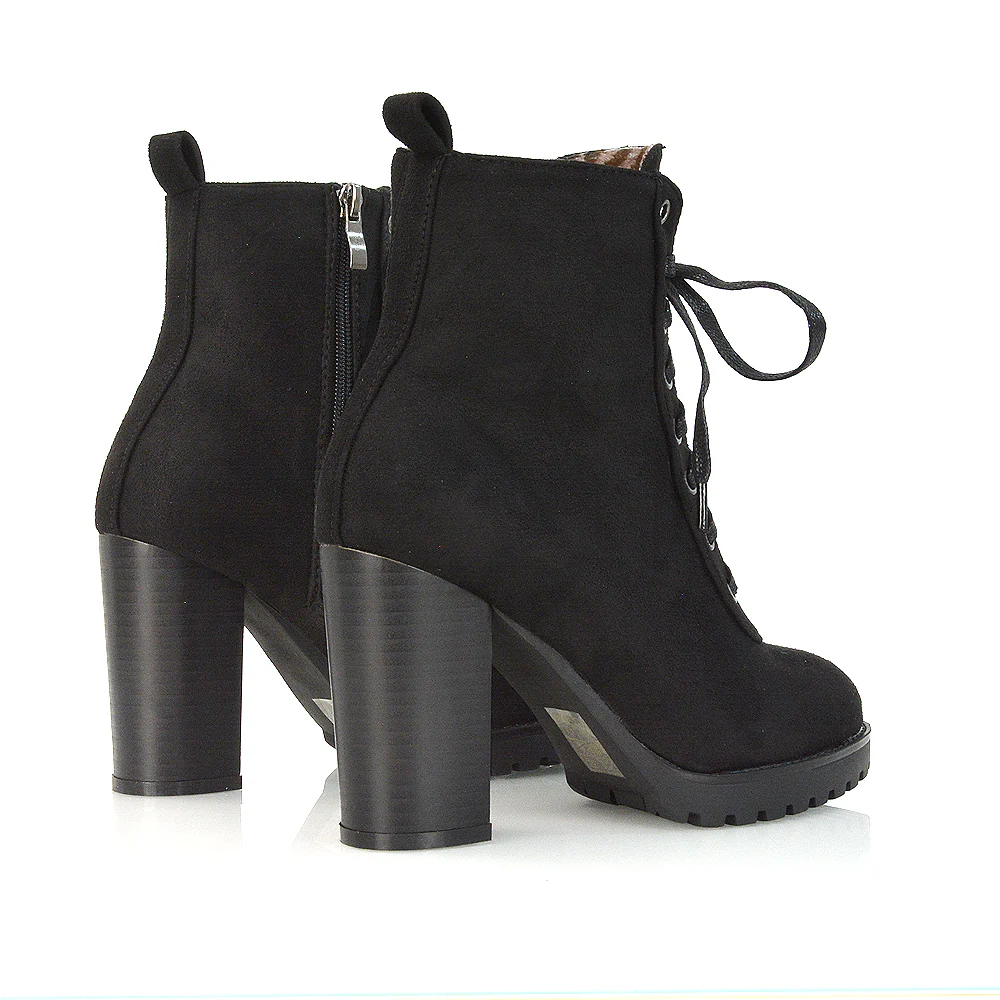 Ariel Chunky Lace up Block High Heel Zip-up Biker Ankle Boots in Black Faux Suede - Image 91