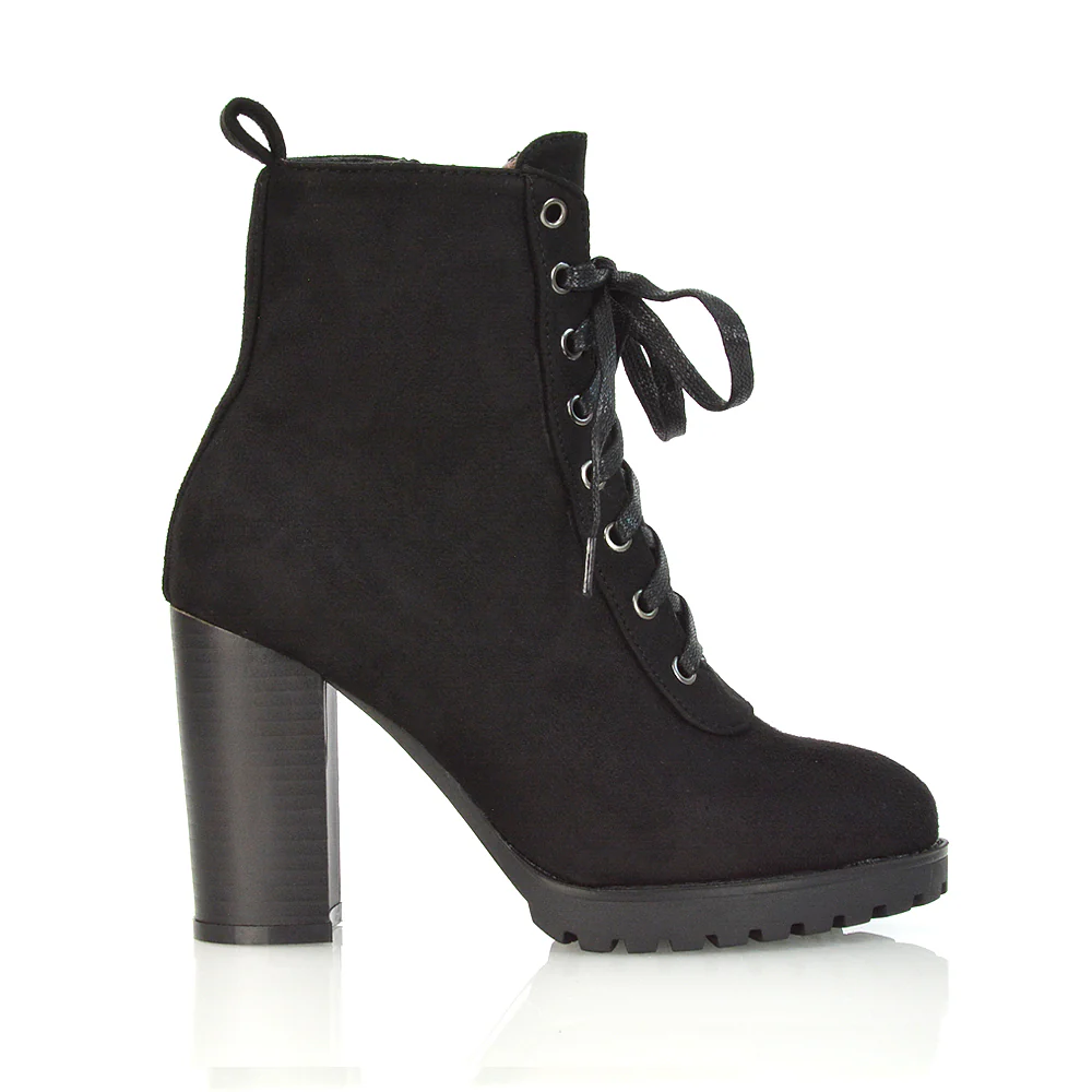 Ariel Chunky Lace up Block High Heel Zip-up Biker Ankle Boots in Black Faux Suede - Image 94