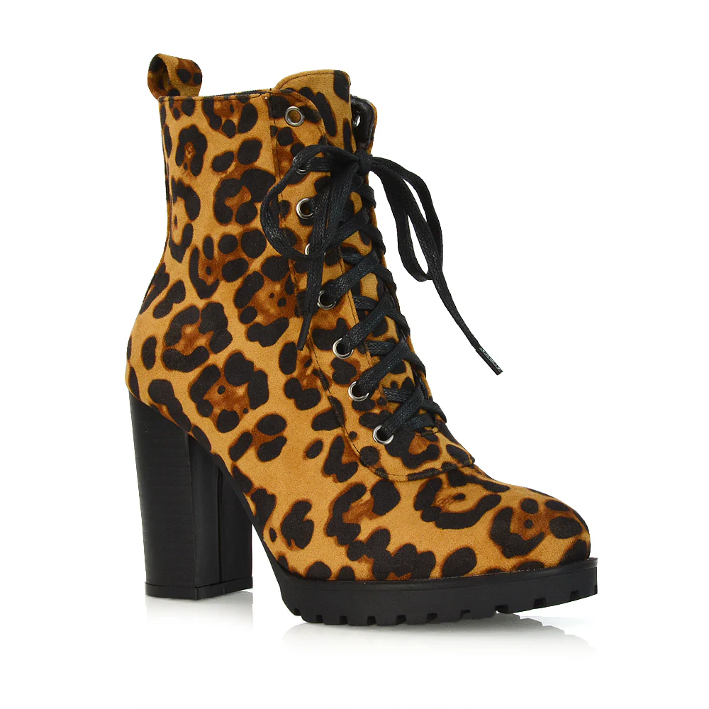 Ariel Chunky Lace up Block High Heel Zip-up Biker Ankle Boots in Black Faux Suede - Image 98