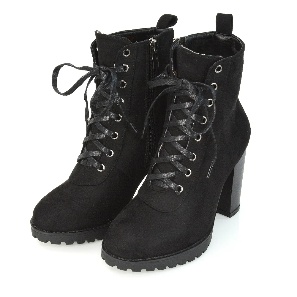 Ariel Chunky Lace up Block High Heel Zip-up Biker Ankle Boots in Black Synthetic Leather - Image 69