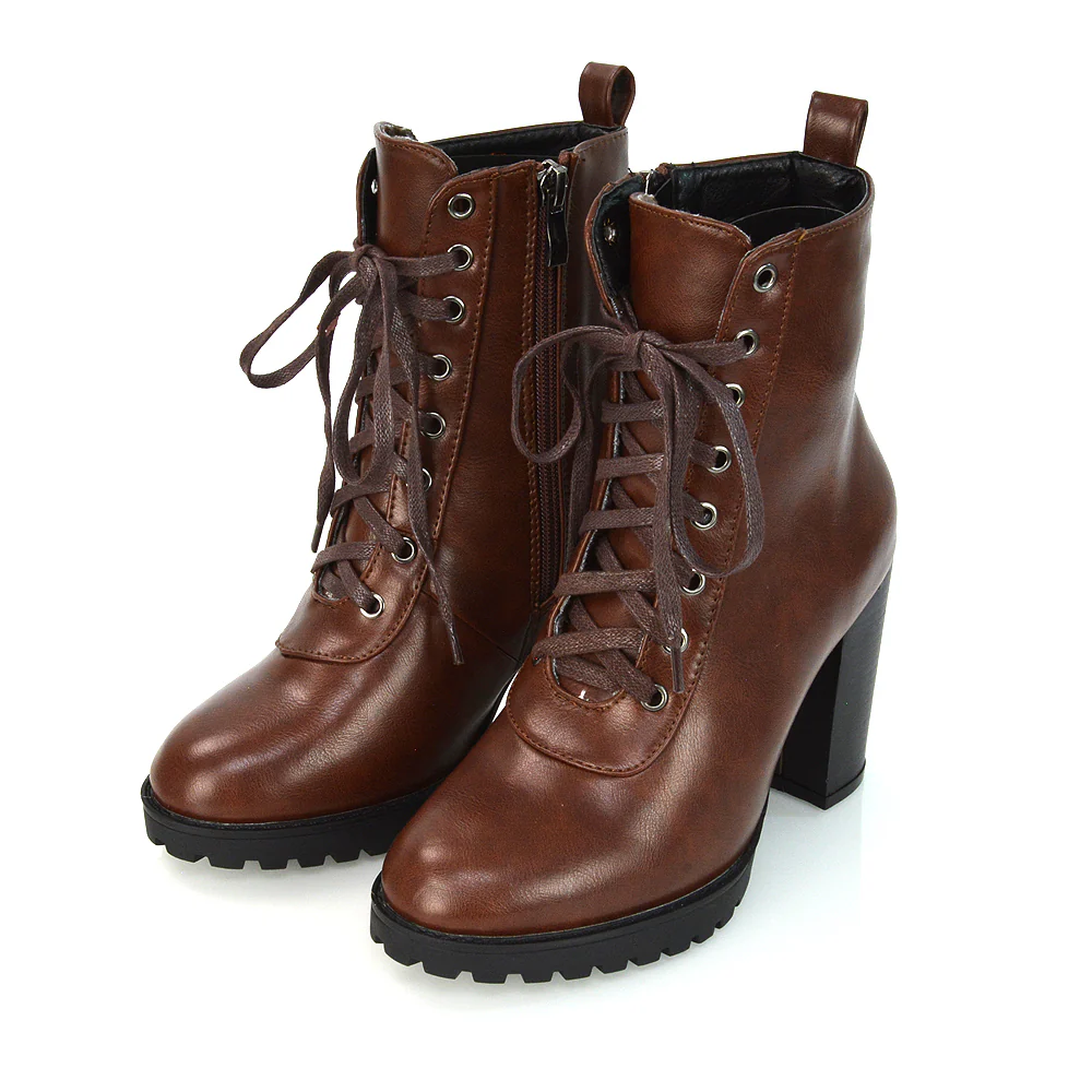 Ariel Chunky Lace up Block High Heel Zip-up Biker Ankle Boots in Brown Synthetic Leather - Image 54