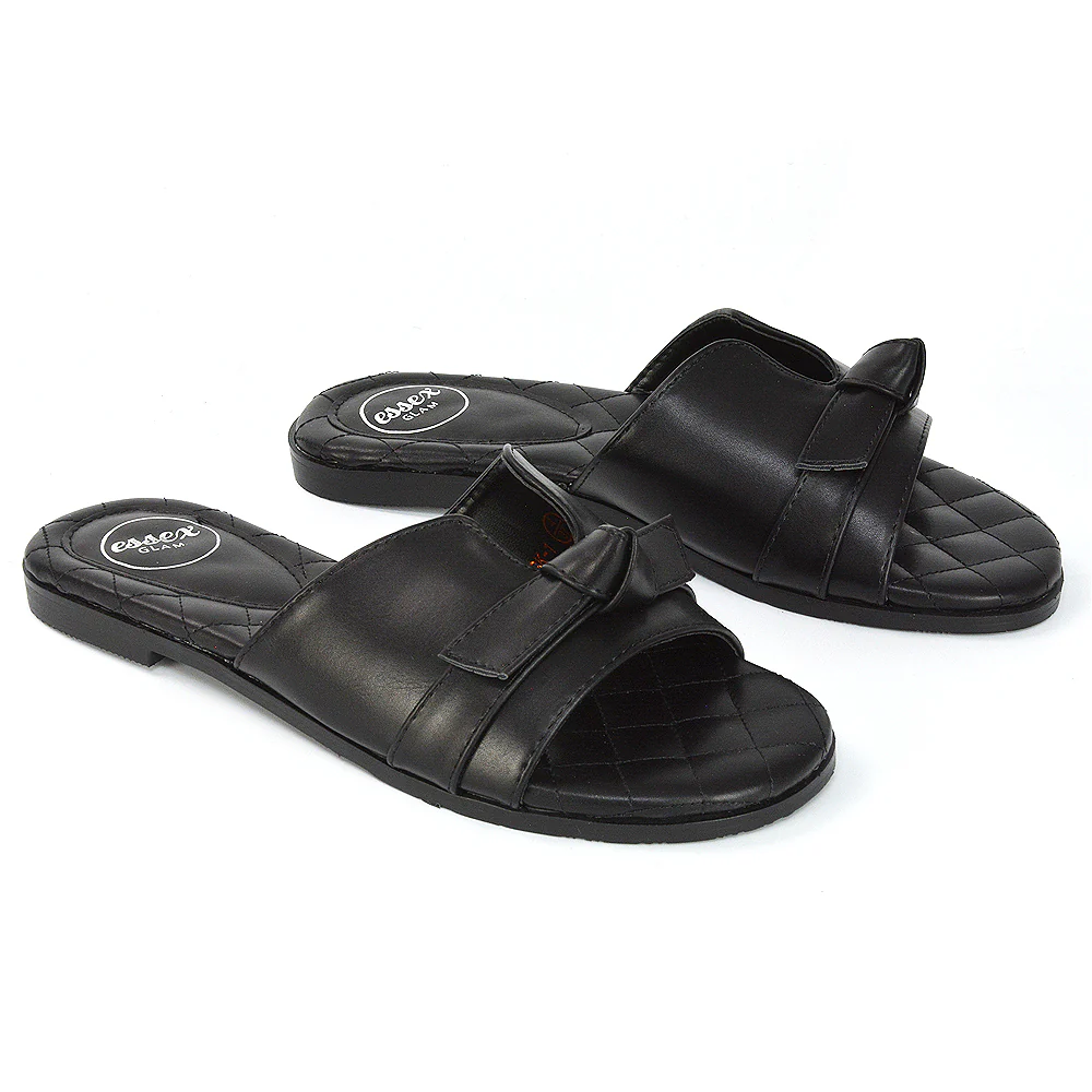Ariella Cut Out Quilted Insole Bow Flat Slider Sandals in Black Synthetic Leather - Image 31