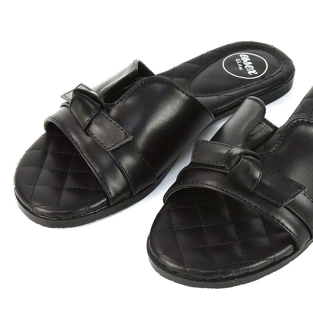 Ariella Cut Out Quilted Insole Bow Flat Slider Sandals in Black Synthetic Leather - Image 32
