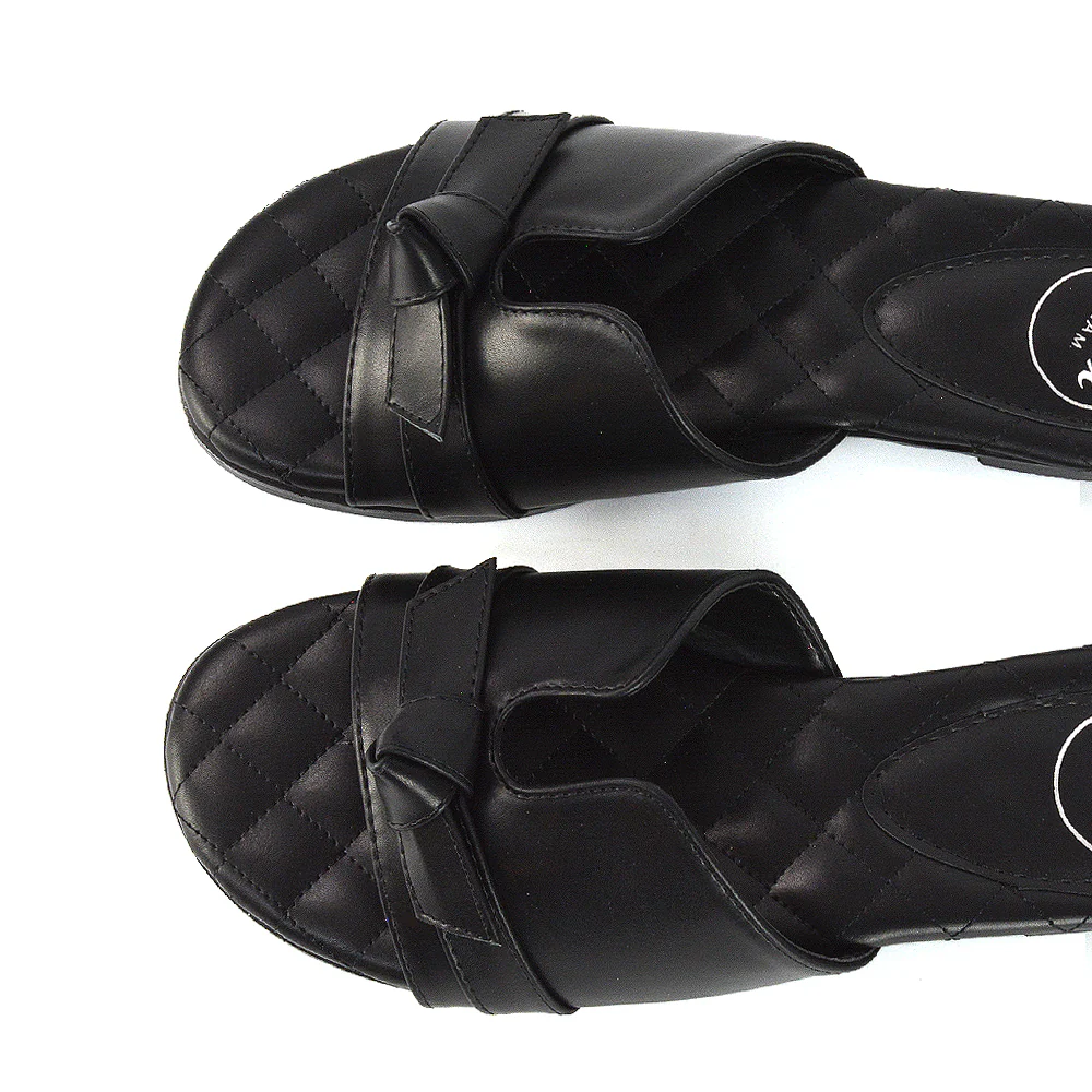 Ariella Cut Out Quilted Insole Bow Flat Slider Sandals in Black Synthetic Leather - Image 5