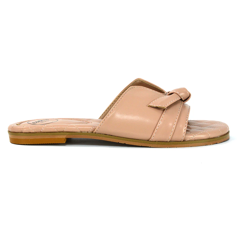 Ariella Cut Out Quilted Insole Bow Flat Slider Sandals in Black Synthetic Leather - Image 53