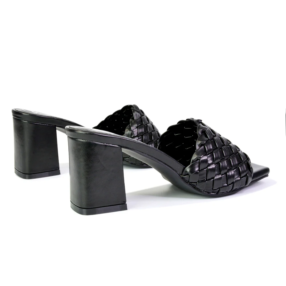 Aries Slip On Low Block Heel Sandals Square Toe Woven Mules In Black - Image 5