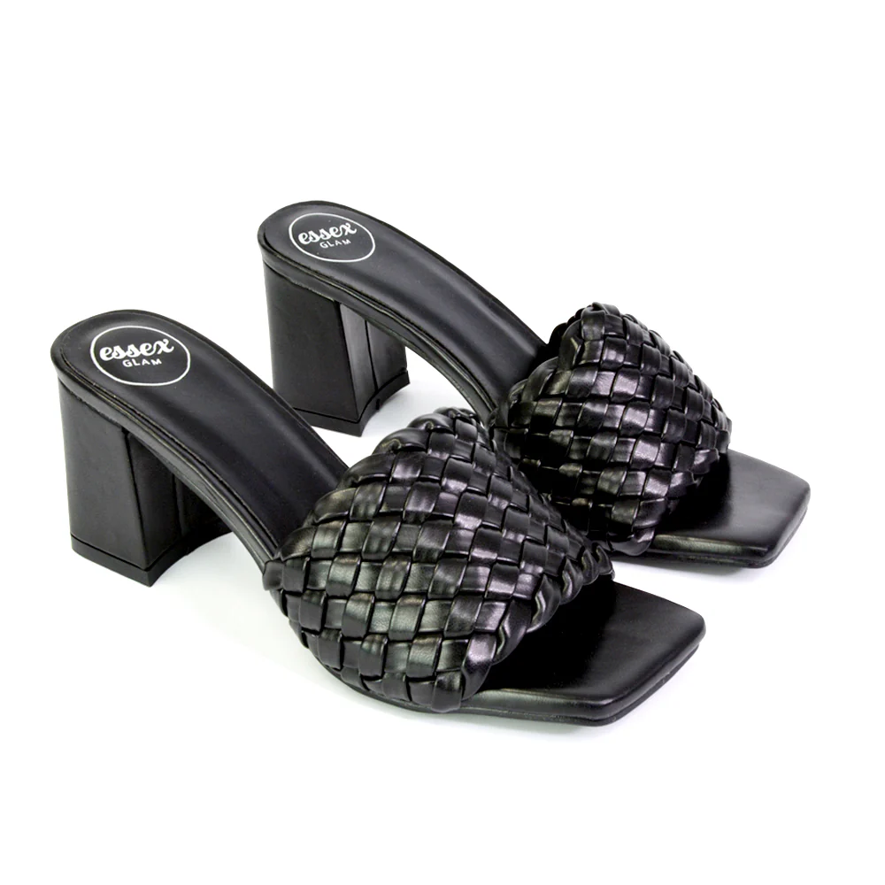 Aries Slip On Low Block Heel Sandals Square Toe Woven Mules In Blue - Image 101