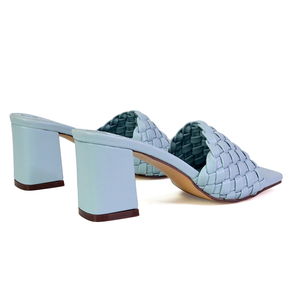 Aries Slip On Low Block Heel Sandals Square Toe Woven Mules In Blue - Image 15