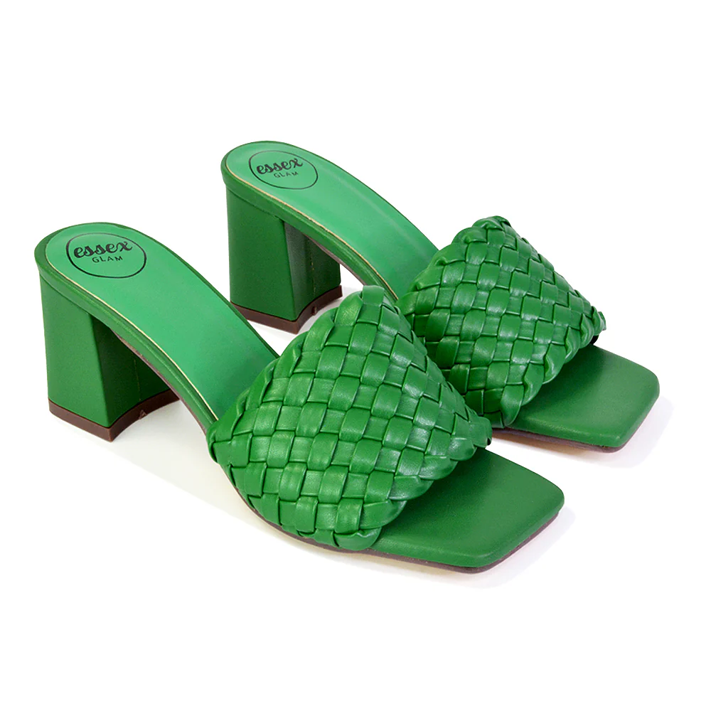 Aries Slip On Low Block Heel Sandals Square Toe Woven Mules In Blue - Image 61