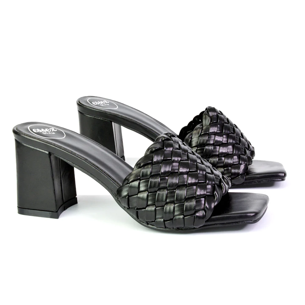 Aries Slip On Low Block Heel Sandals Square Toe Woven Mules In Green - Image 109