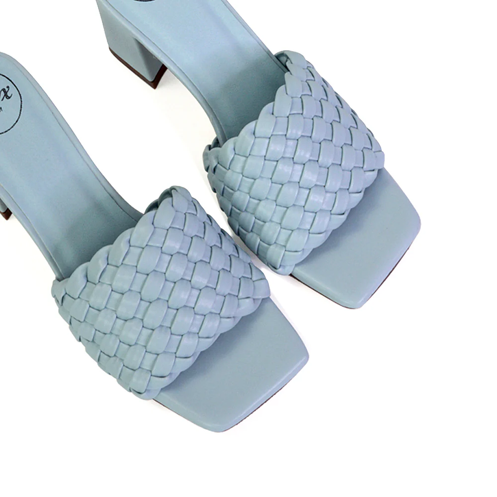 Aries Slip On Low Block Heel Sandals Square Toe Woven Mules In Green - Image 22