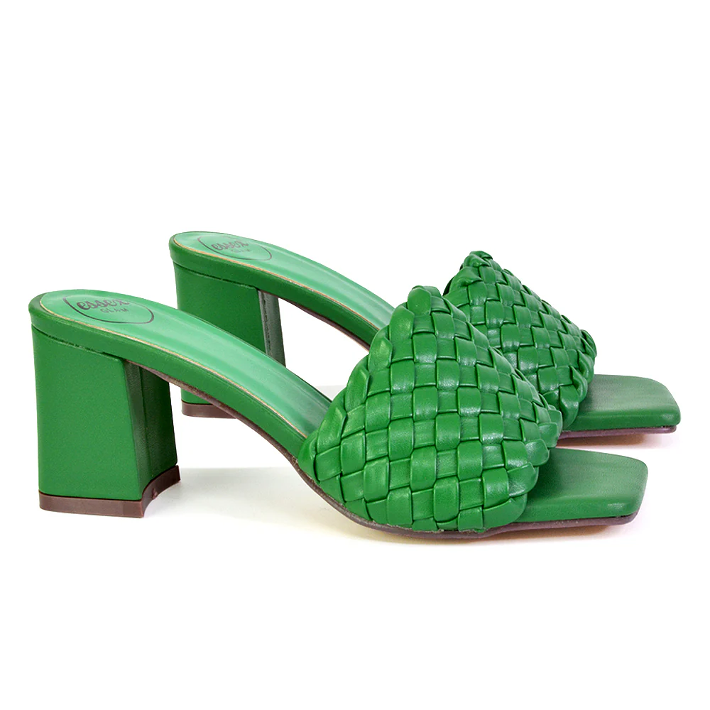 Aries Slip On Low Block Heel Sandals Square Toe Woven Mules In Green - Image 4