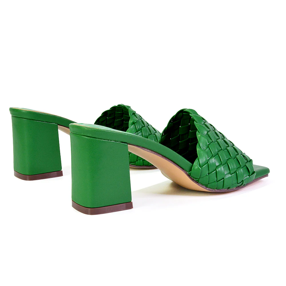 Aries Slip On Low Block Heel Sandals Square Toe Woven Mules In Green - Image 5