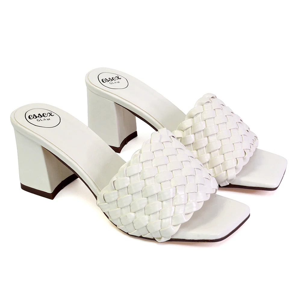 Aries Slip On Low Block Heel Sandals Square Toe Woven Mules In Green - Image 81