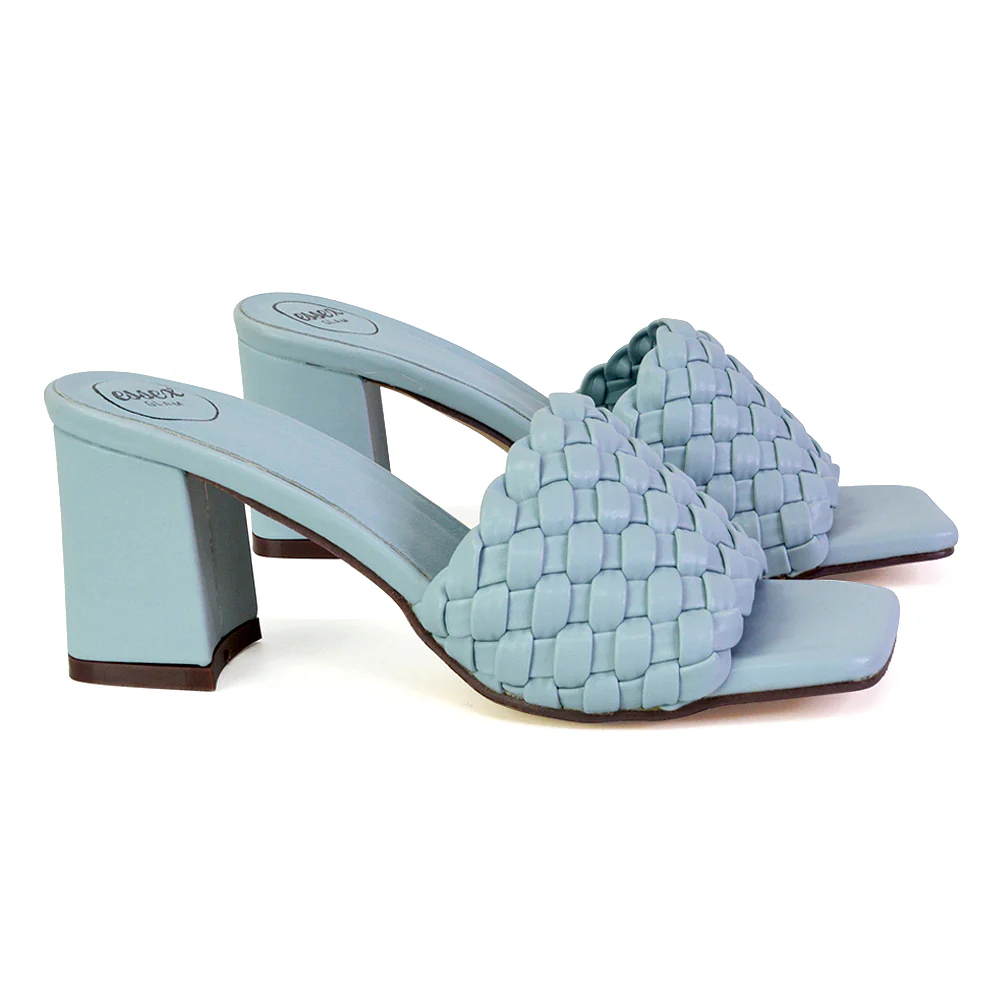 Aries Slip On Low Block Heel Sandals Square Toe Woven Mules In Green - Image 9