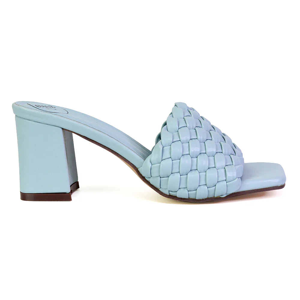 Aries Slip On Low Block Heel Sandals Square Toe Woven Mules In White - Image 23