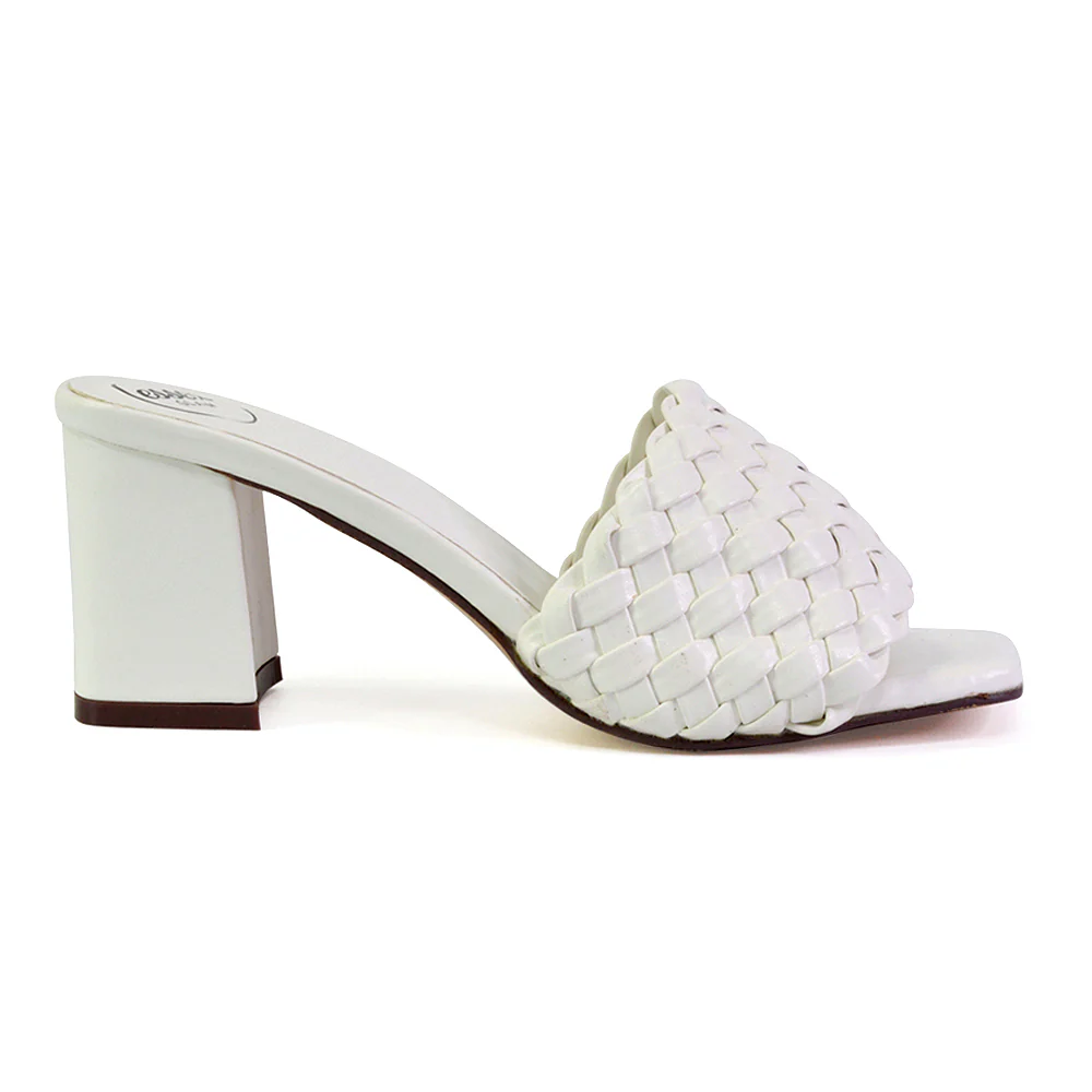 Aries Slip On Low Block Heel Sandals Square Toe Woven Mules In White - Image 78